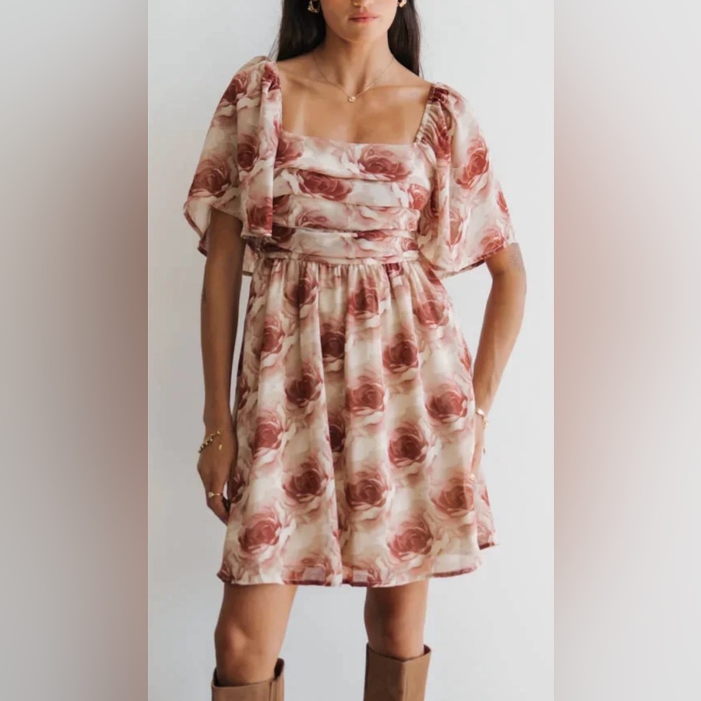 NEW In February Women’s Floral Rose Print Pleated Mini Dress Square-Neck Size M